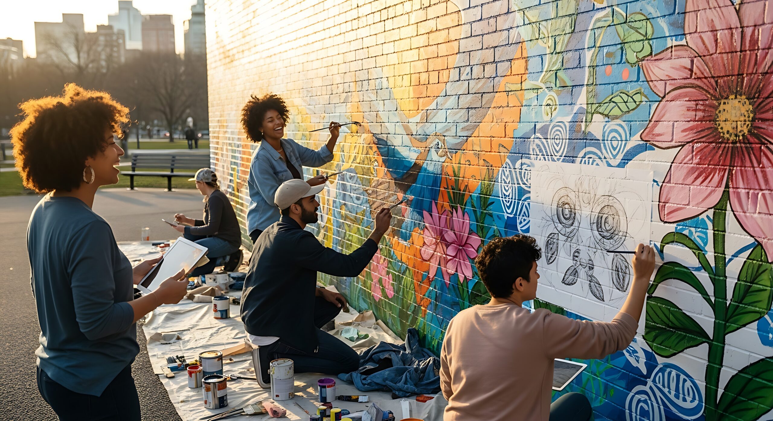 Mural artists painting.